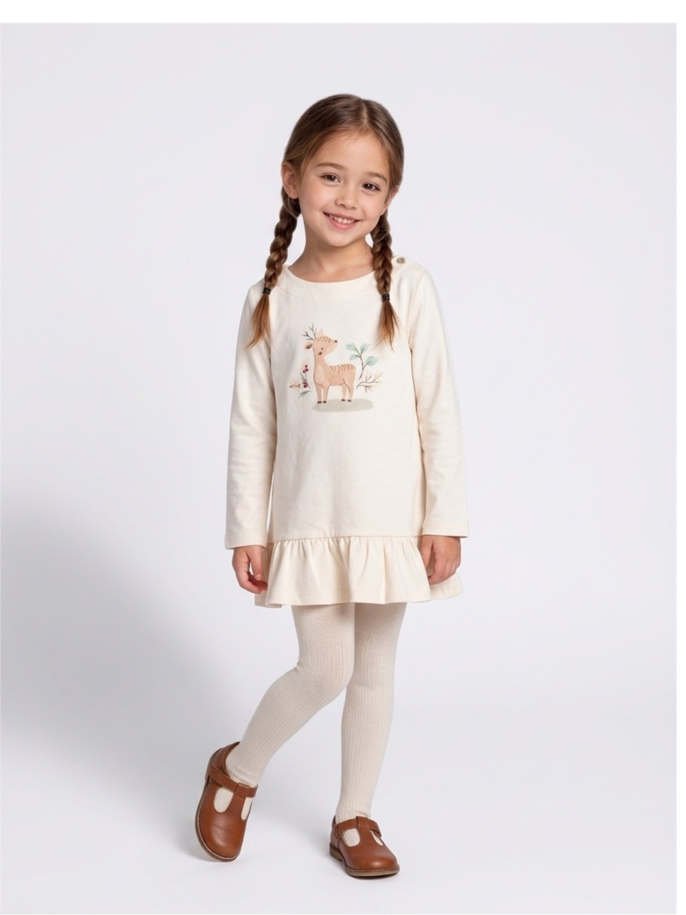 cloud island Cream Long-Sleeve Ruffle Hem Top with Deer Graphic